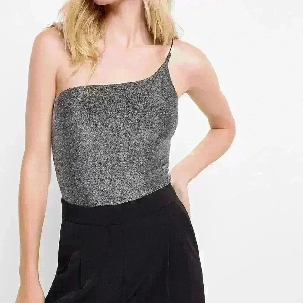 Express Sparkly One Shoulder Thong Bodysuit